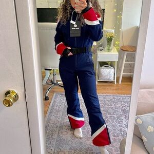 NWT Ski Snowboard Winter One Piece Navy Jumpsuit with Red and White Accents
